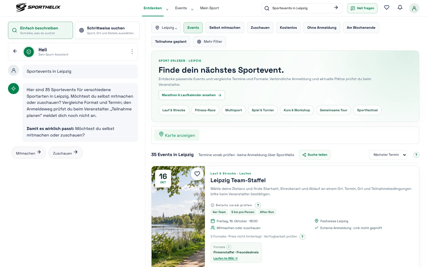 Prototyp: geplante Suche nach Sportevents in Leipzig