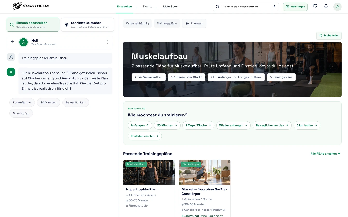 Prototyp: geplante Auswahl von Trainingsplänen
