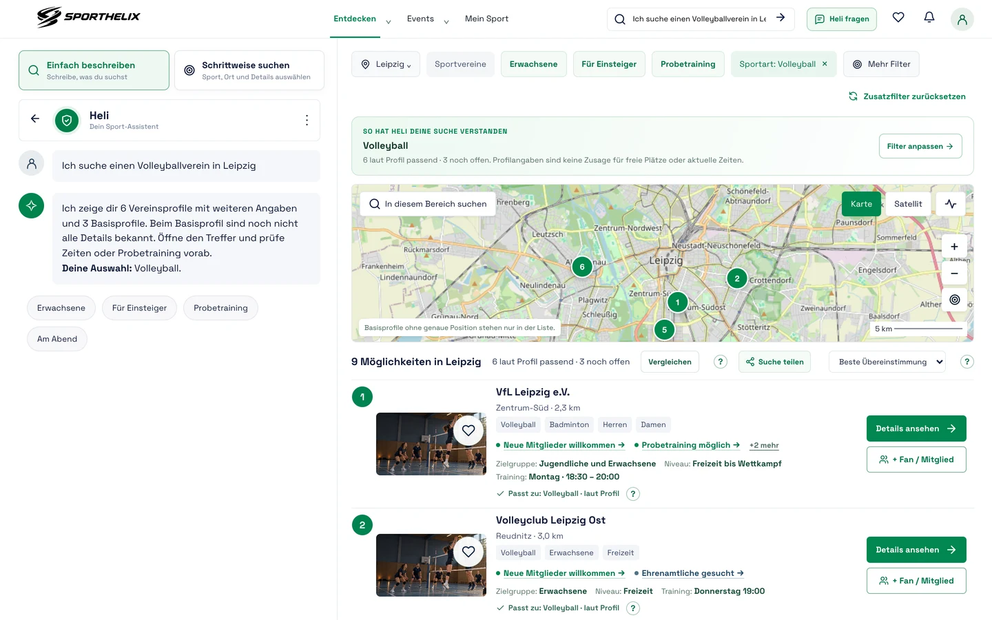 Prototyp: geplante Vereinssuche mit Heli, Karte und Ergebnisliste